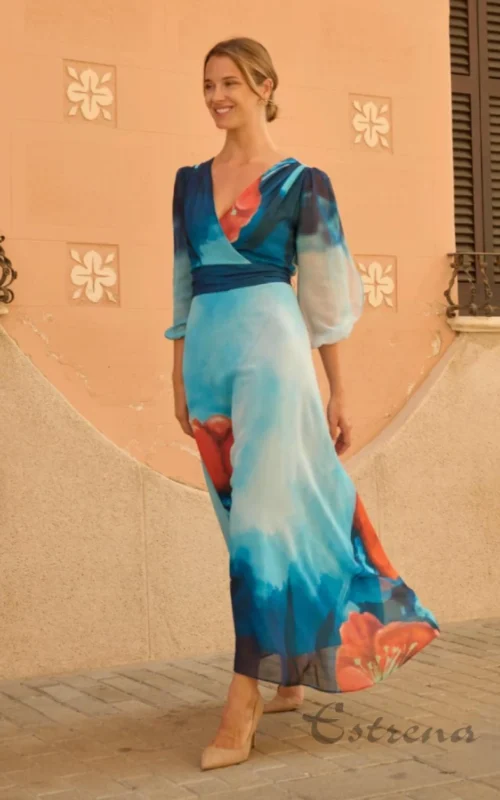 Vestido largo de gasa con estampado flor