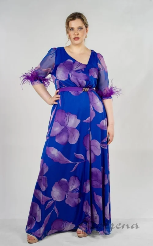 Vestido largo estampado. Plumas