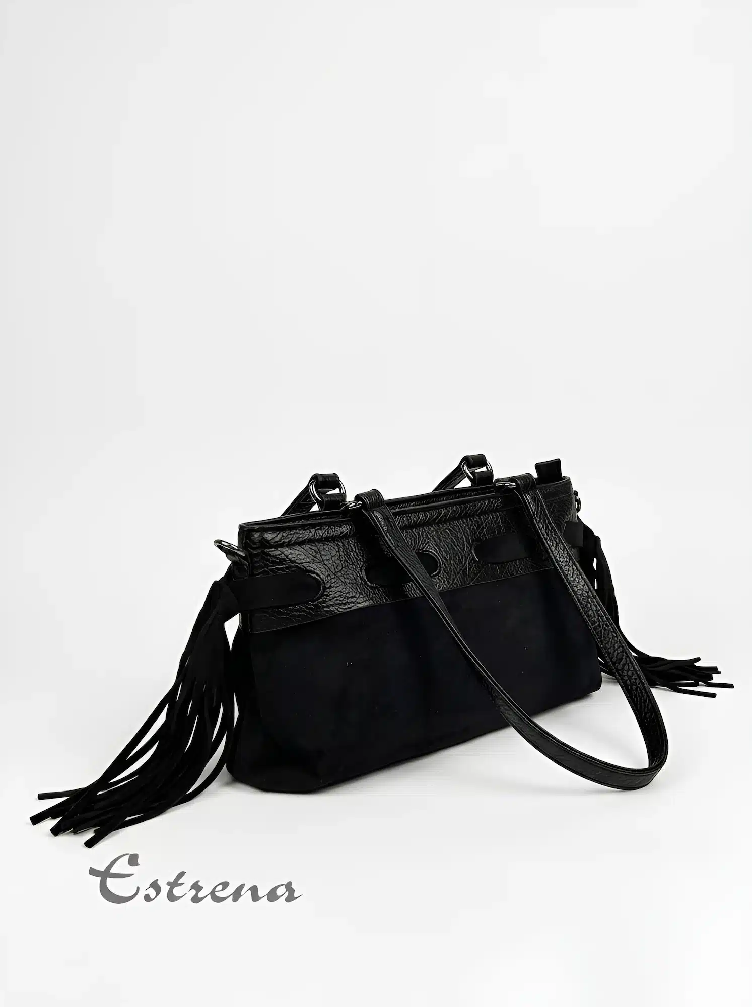 Bolso de hombro negro alargado con flecos y texturas - Imagen 2