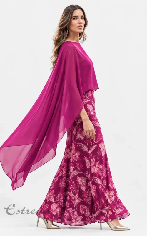 Mujer de perfil luciendo una capa de gasa fluida color buganvilla sobre un vestido largo estampado de Estrena Moda Cartagena.