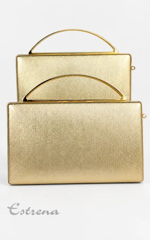 Bolso clutch dorado de fiesta con asas metálicas semicirculares de la tienda Estrena Moda.