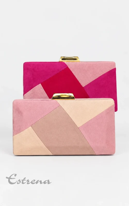 Clutches de fiesta de antelina con patchwork geométrico en tonos rosa y nude con cierre dorado de Estrena Moda.