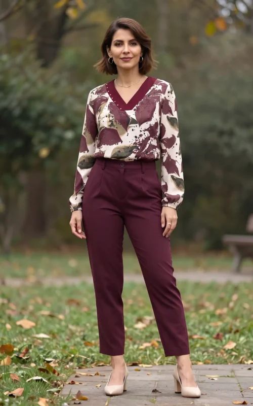Mujer posando en un parque con blusa de manga larga de estampado abstracto burdeos y pantalón sastre color vino.