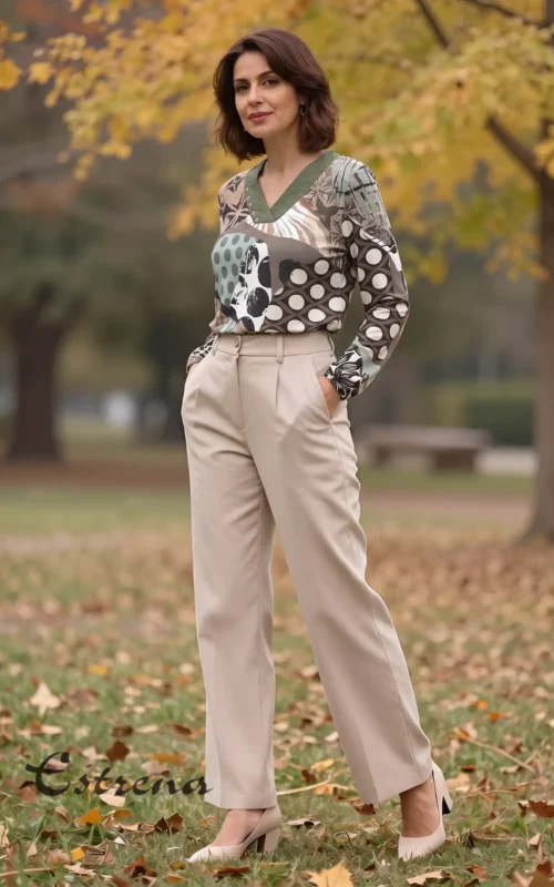 Mujer en un parque otoñal posando con blusa de manga larga de lunares verde oliva y pantalón sastre beige.