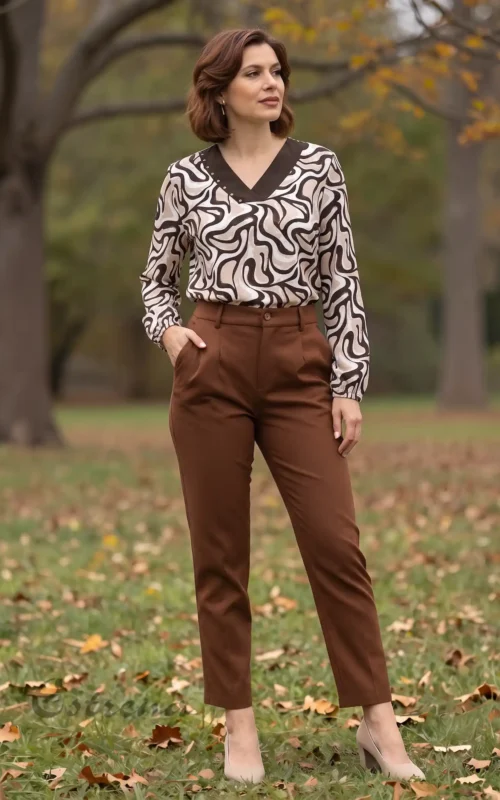 Mujer posando en un entorno de otoño con blusa de manga larga de ondas marrones y pantalón sastre de vestir.