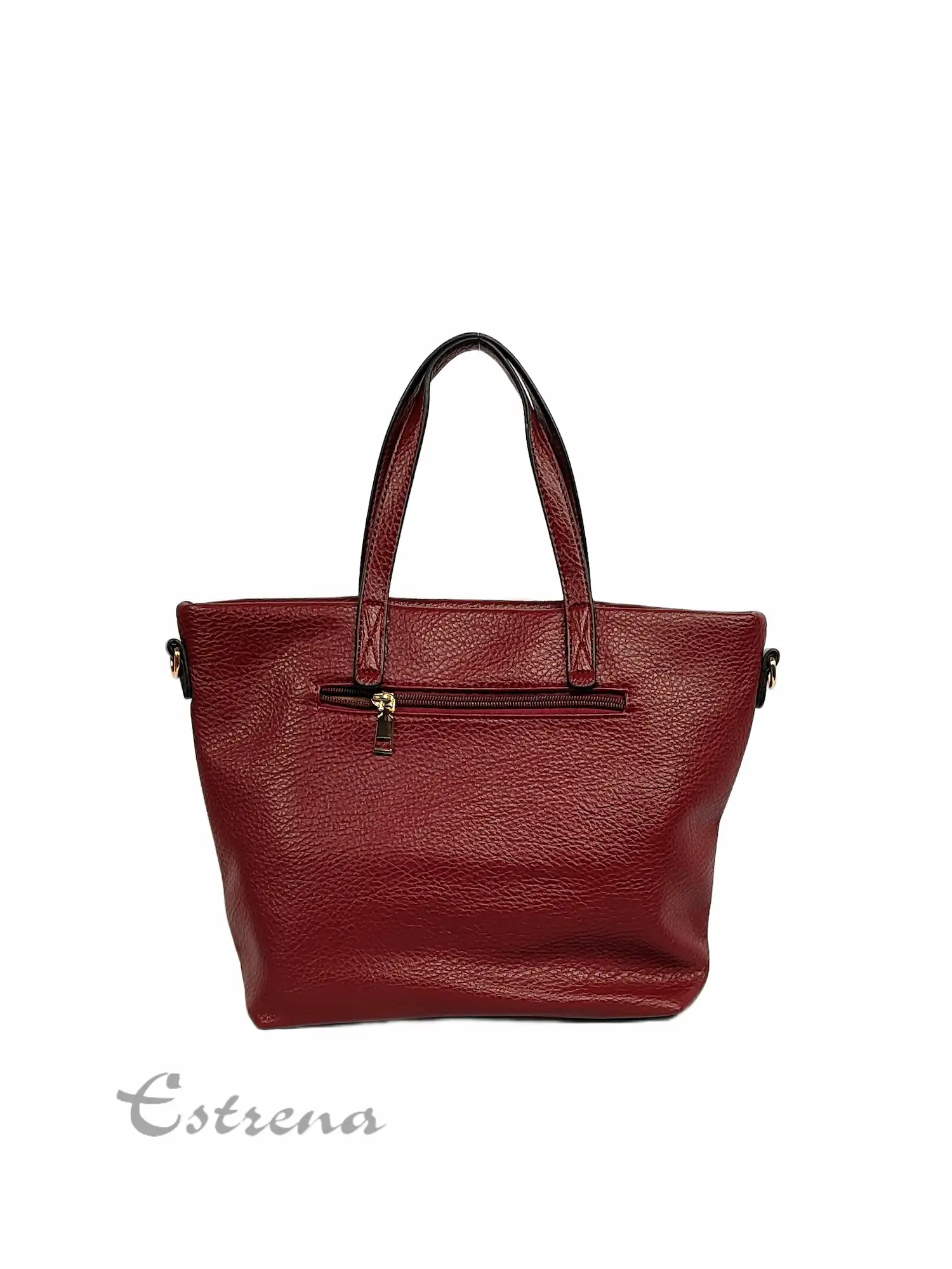 Vista trasera de bolso de asa corta color burdeos con bolsillos de cremallera verticales y un monedero exterior cuadrado de Estrena Moda.