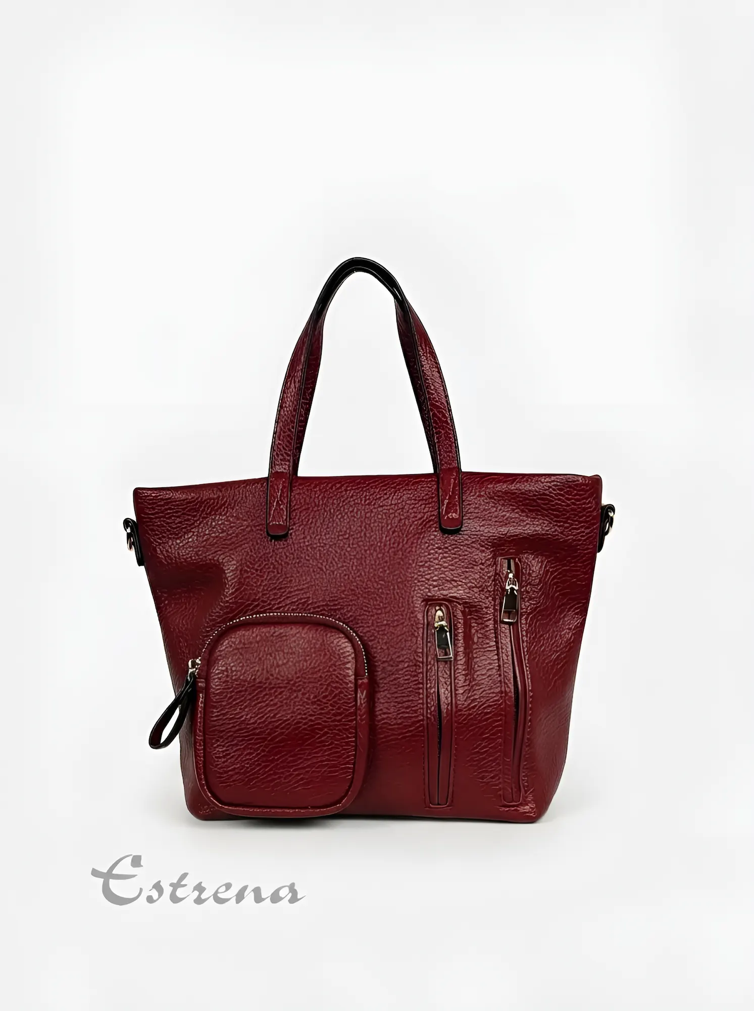Bolso de asa corta color burdeos con bolsillos de cremallera verticales y un monedero exterior cuadrado de Estrena Moda.