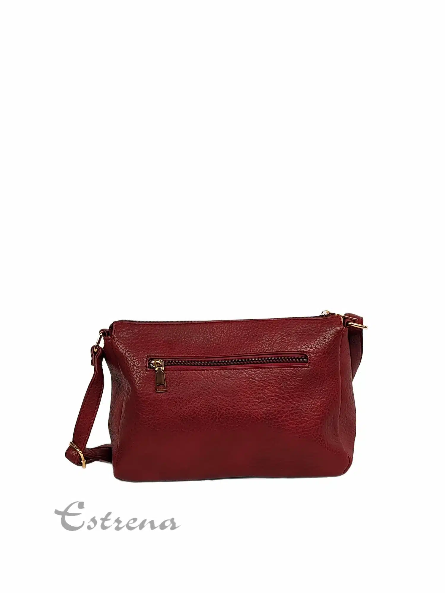 Vista trasera de bolso bandolera color burdeos con bolsillos de cremallera y paneles frontales en camel y marrón de Estrena Moda.