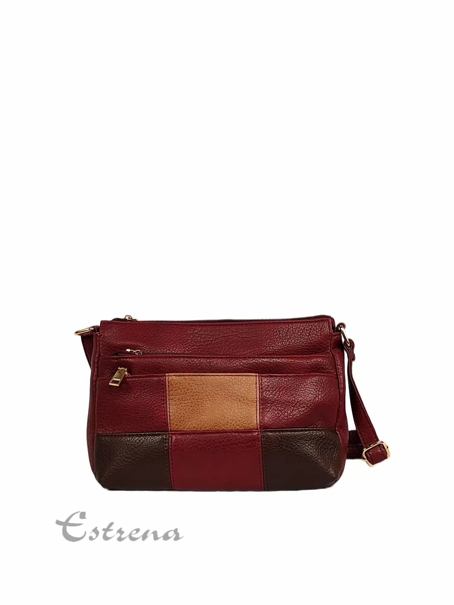 Bolso bandolera color burdeos con bolsillos de cremallera y paneles frontales en camel y marrón de Estrena Moda