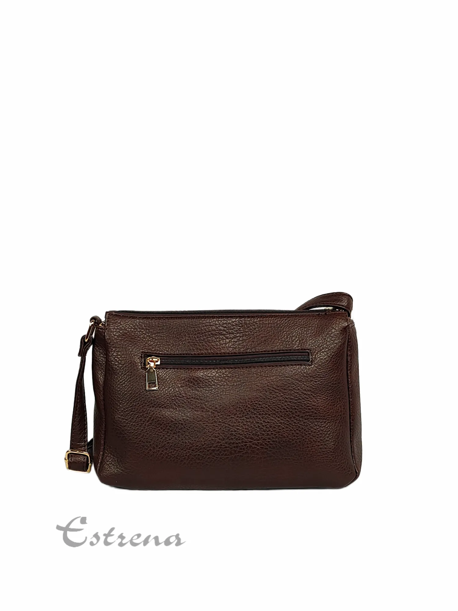 Viste trasera de bolso bandolera color marrón con bolsillos de cremallera y paneles frontales en beige y camel de Estrena Moda