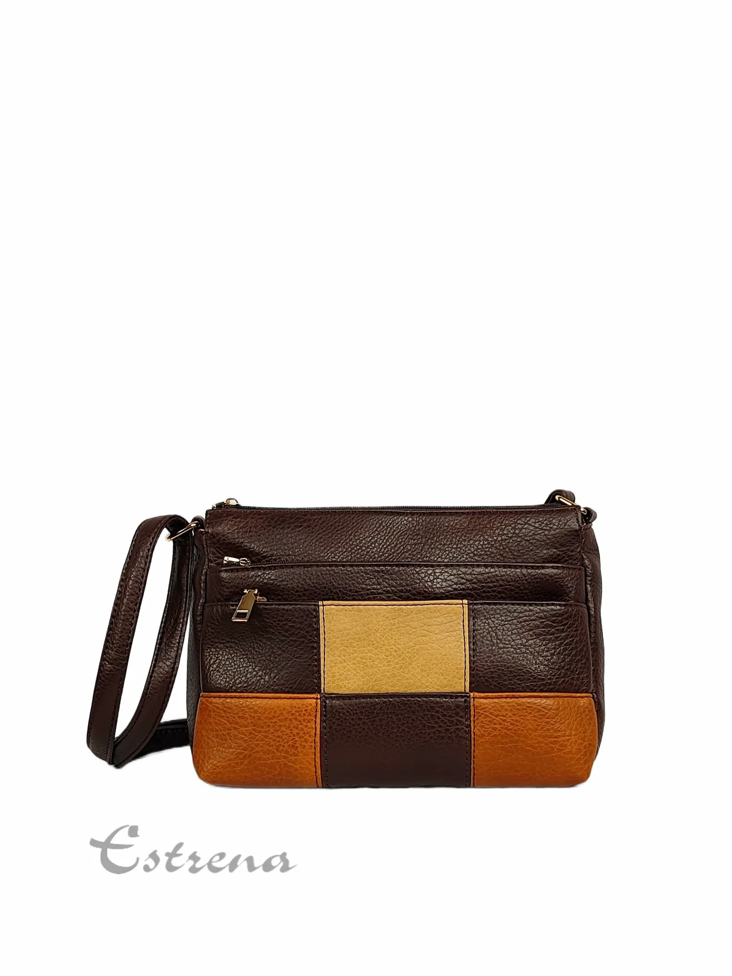 Bolso bandolera color marrón con bolsillos de cremallera y paneles frontales en beige y camel de Estrena Moda
