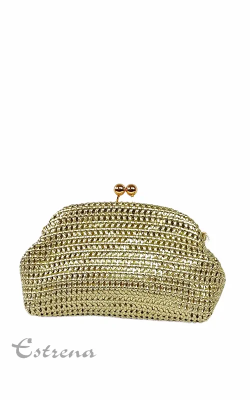 Bolso de fiesta tipo clutch trenzado de color dorado brillante con cierre de boquilla esférica