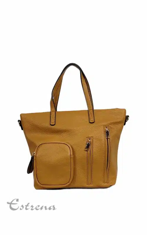 Bolso de asa corta color mostaza con bolsillos de cremallera verticales y un monedero exterior cuadrado de Estrena Moda.
