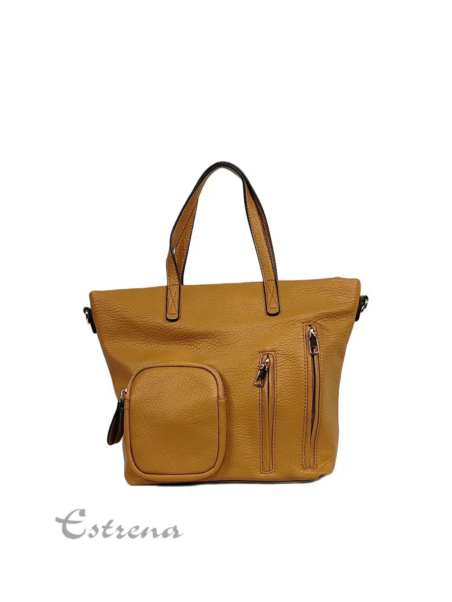Bolso de asa corta color mostaza con bolsillos de cremallera verticales y un monedero exterior cuadrado de Estrena Moda.