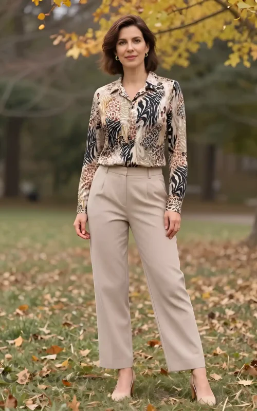 Mujer en un parque luciendo camisa de manga larga con estampado animal print combinada con pantalón sastre beige.