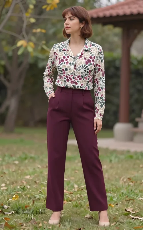 Mujer posando al aire libre con camisa de manga larga estampada en tonos burdeos y verdes combinada con pantalón sastre.
