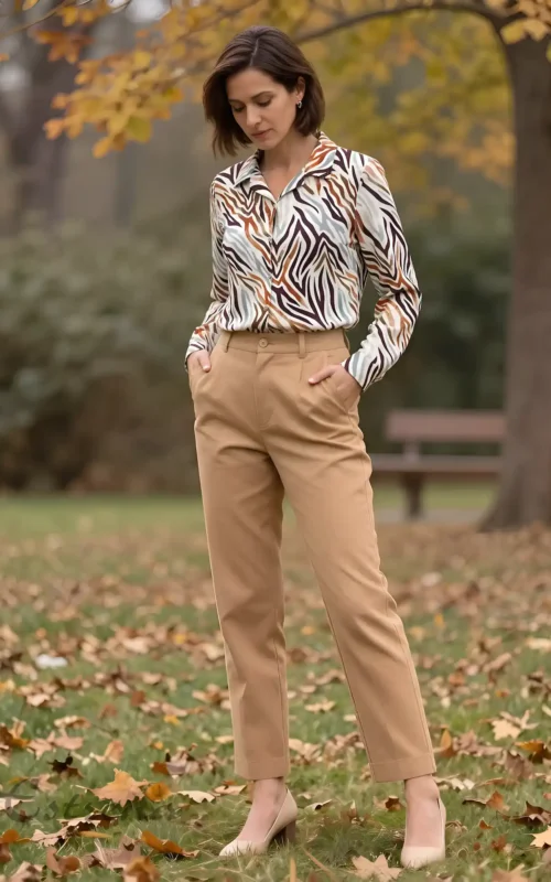 Mujer en un entorno otoñal vistiendo una camisa de manga larga con estampado geométrico de cebra y pantalón sastre camel.