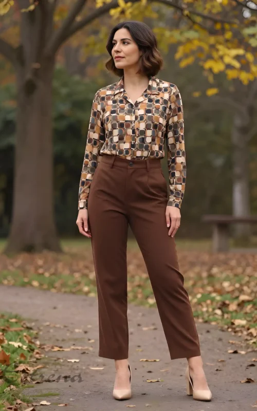 Mujer en un parque otoñal vistiendo camisa de manga larga con estampado de cuadros retro y pantalón sastre marrón.
