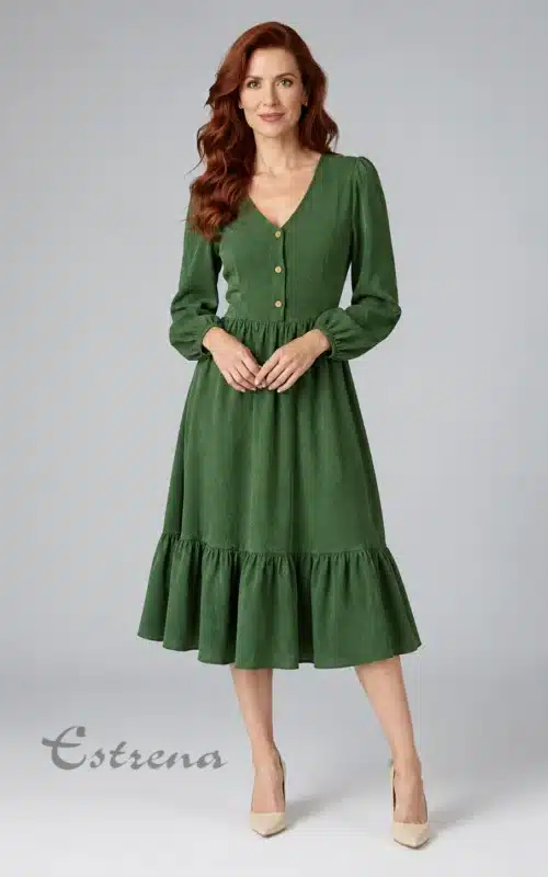 Mujer con un vestido midi verde de manga larga con botones de madera frontales y volante inferior sobre fondo gris.