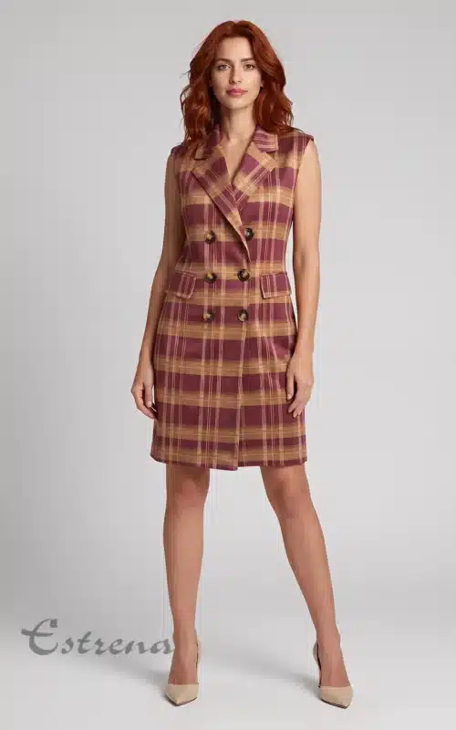 Modelo con vestido corto sastre cruzado de cuadros burdeos y botones oscuros, posando de frente con tacones beige.