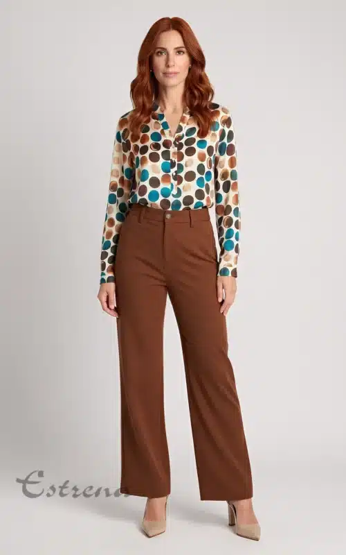 Mujer pelirroja vistiendo blusa satinada de lunares en tonos marrones y azules combinada con pantalón marrón de pinzas.