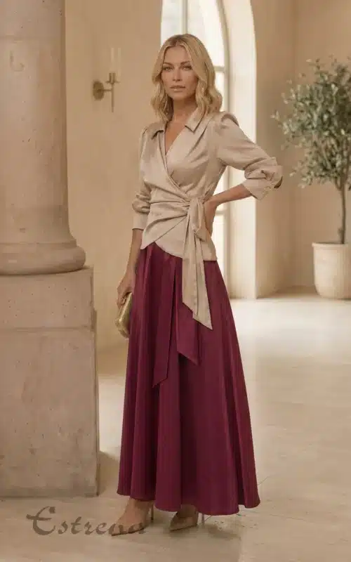 Mujer posando con blusa satinada cruzada color champaña con lazo y falda larga color burdeos en un salón elegante.