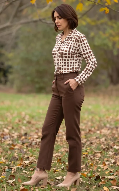 Mujer de perfil vistiendo una camisa estampada beige y marrón metida por dentro del pantalón en Estrena Moda.