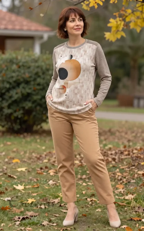 Mujer sonriente modelando una camiseta de manga larga beige con estampado geométrico de círculos combinada con pantalón cámel.