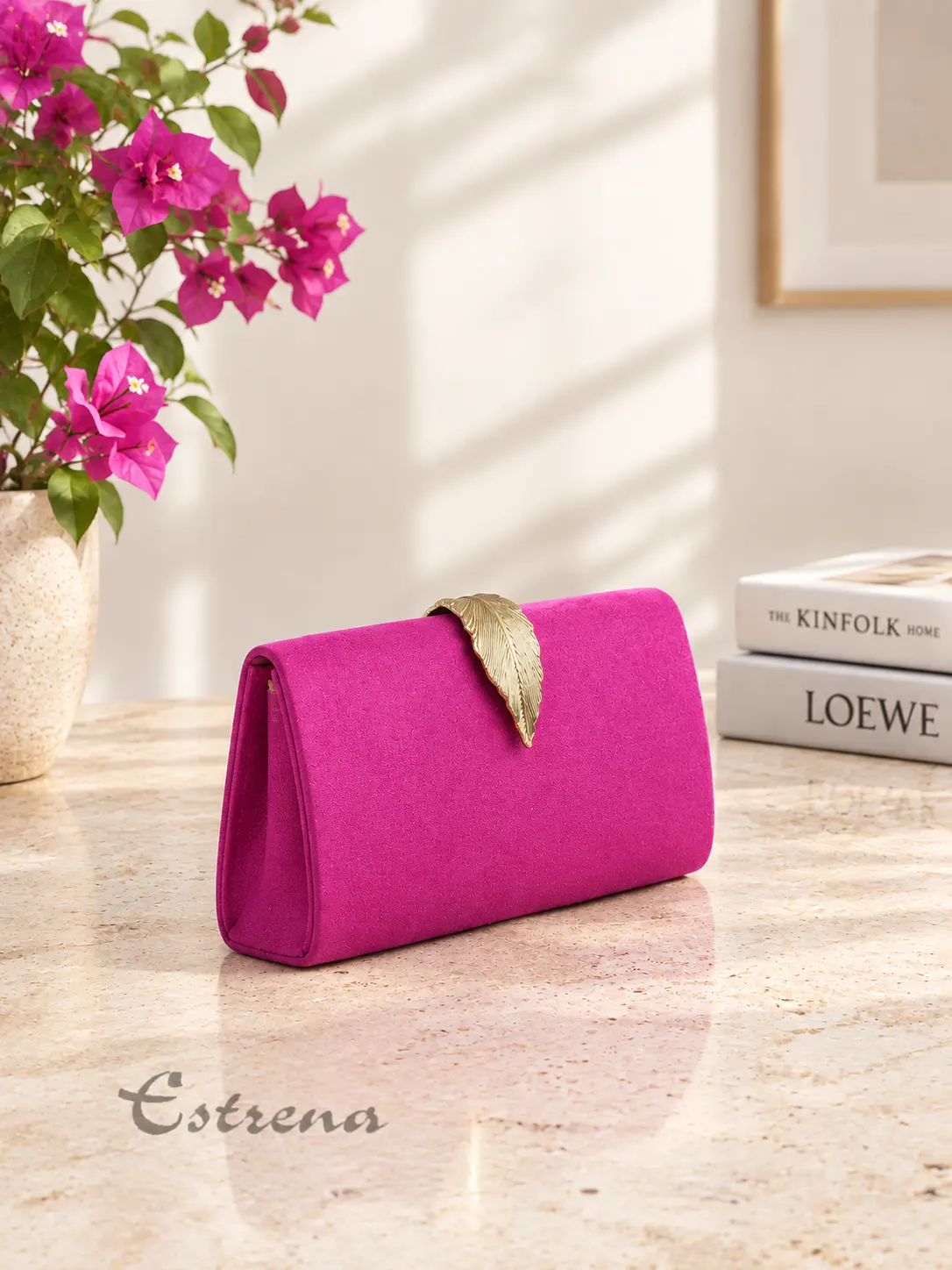 Clutch de fiesta fucsia broche hoja - Imagen 2