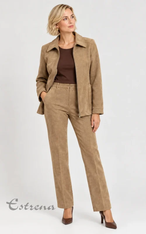 Mujer luciendo sobrecamisa de antelina beige con cremallera y cuello solapa de Estrena Moda Cartagena