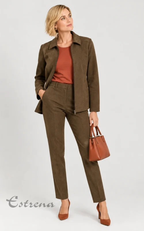 Mujer vistiendo una sobrecamisa de antelina verde caqui con cremallera, pantalón a juego y camiseta beige.