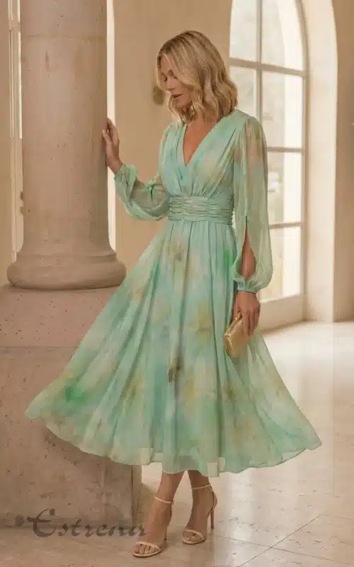 Mujer de perfil con vestido midi verde estampado de gasa, mangas abullonadas, falda con vuelo y bolso dorado.